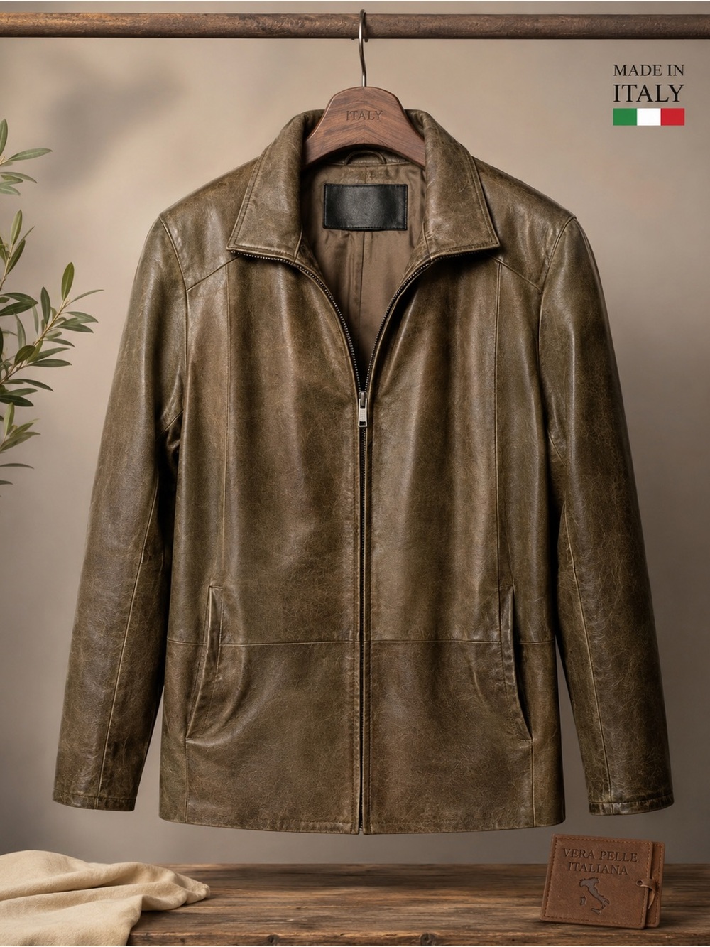 Bison Italian Leather Jacket Khaki Brown Size 52 XL Made in Italy Vintage